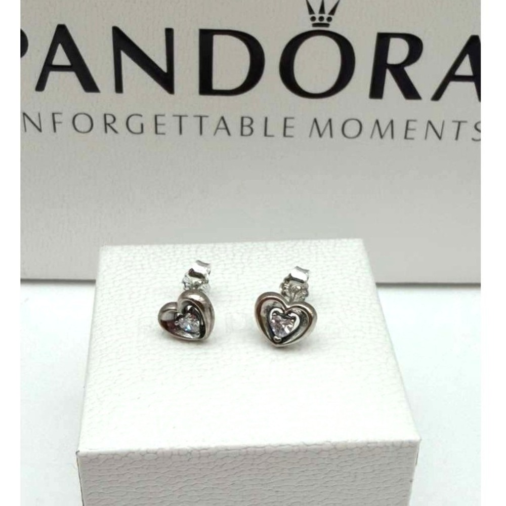 Pandora Heart Earrings with Center Stone – S925 Sterling Silver – Like New